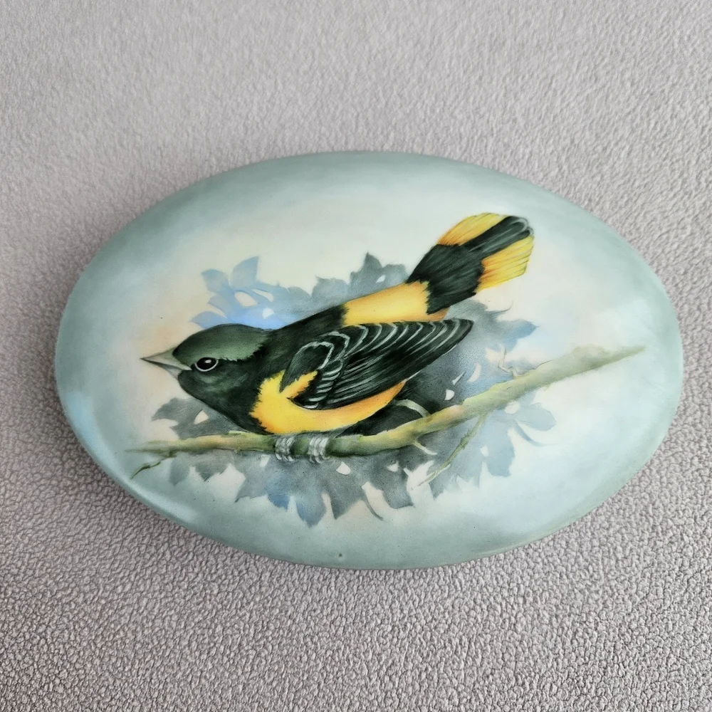 VTG Handpainted Ceramic Jewelry Trinket Box Bird Baltimore Oriole Oval 7